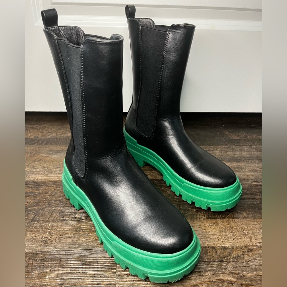 Black Leather Chelsea Rain Boots with Green Lug Sole
